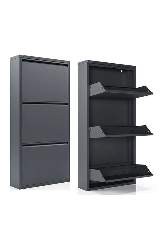 Schuhschrank Metall-Schuhregal mit 3 Klappen – schmal, platzsparend & montiert
